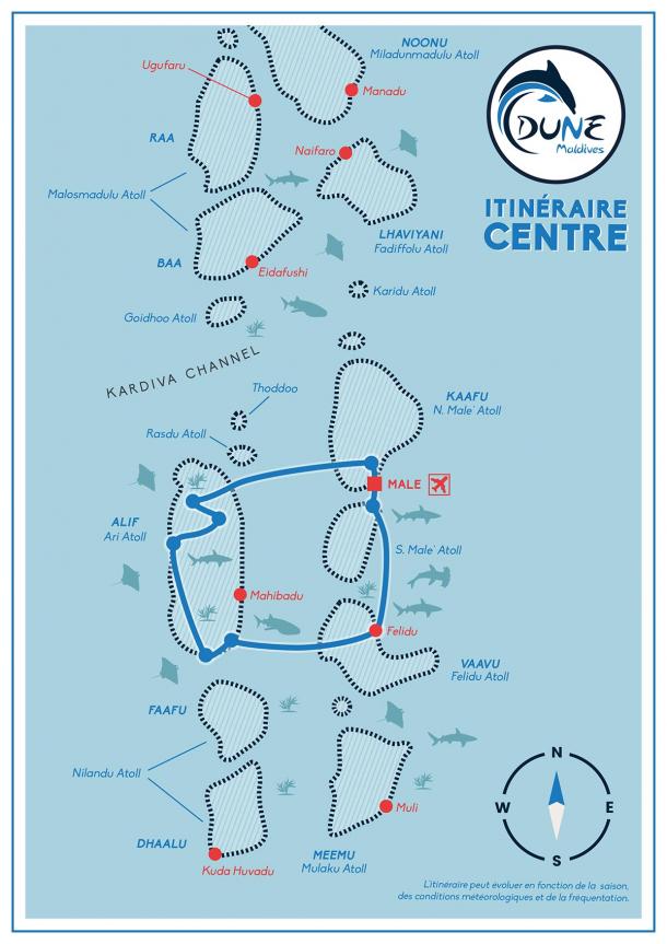 Carte itinéraire centre Maldives croisière plongée